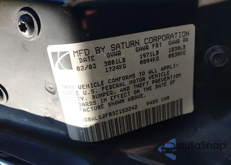 2003 Saturn Ion 3 z USA, uszkodzony, nr VIN 1G8AL52F83Z152242